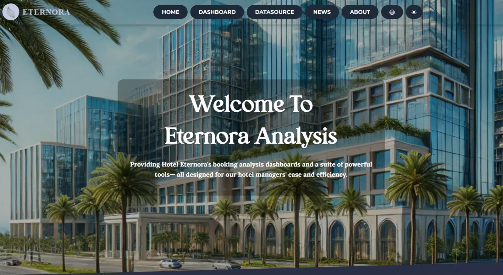 Eternora Analysis landing page with a hotel tower photo and the headline Welcome To Eternora Analysis