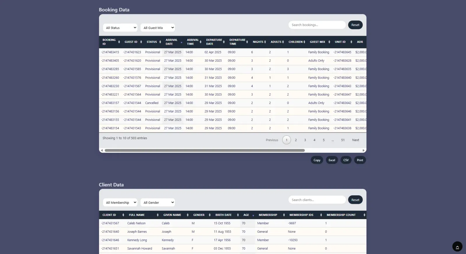 Booking data table with search box and pagination