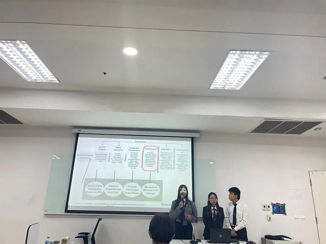 Three presenters at the front of a classroom with the research slides projected behind them